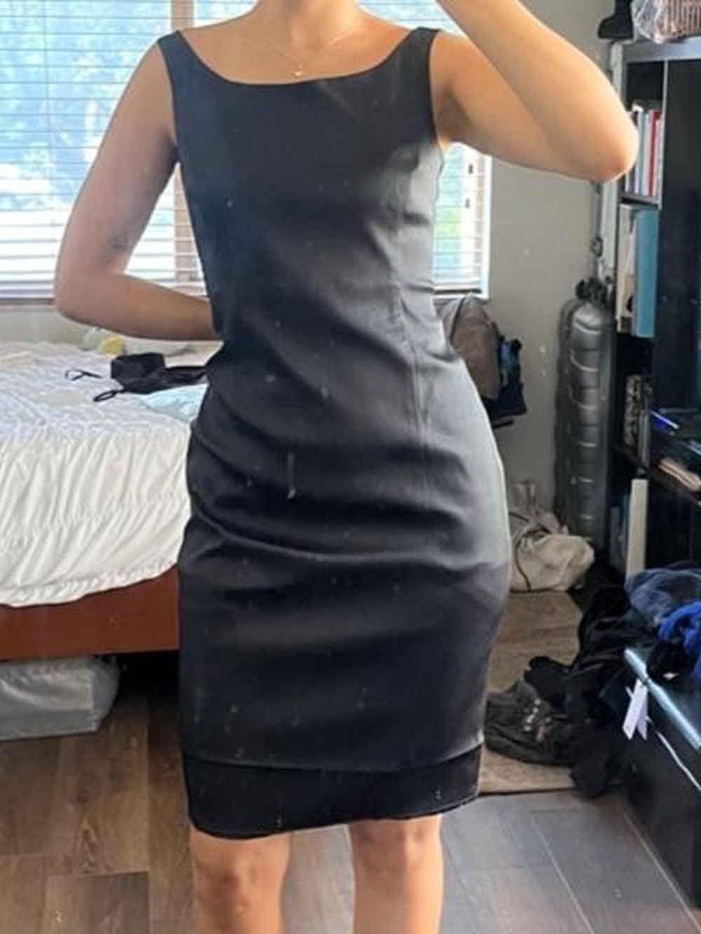 Vintage Black Satin Boatneck midi dress